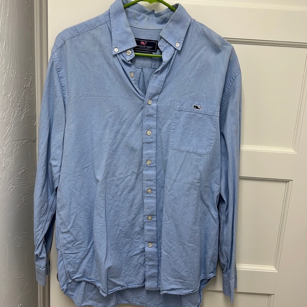 Plain blue lightly worn Vineyard Vines button down